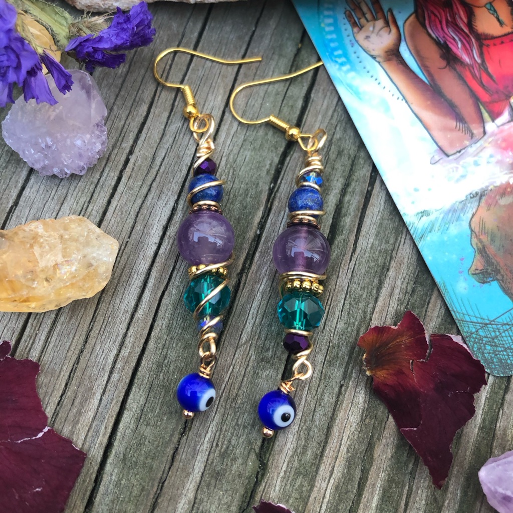Wire Wrapped Evil Eye Lapis Amethyst Gemstone Beaded Earrings - Dangle Earrings